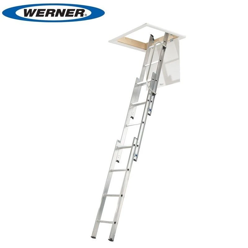 Werner BS EN 14975 3 Section Aluminium Loft Ladder With Handrail 3 Werner BS EN 14975 3 Section Aluminium Loft Ladder With Handrail
